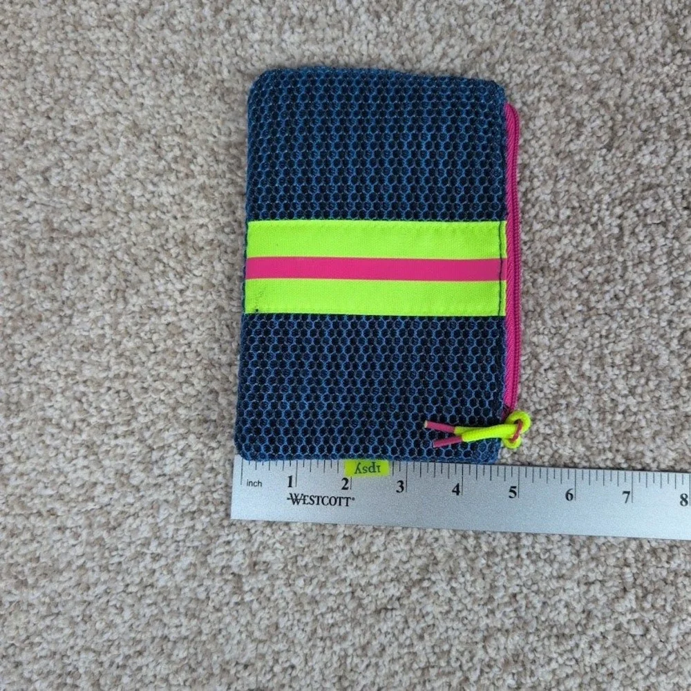 Ipsy Blue Mesh Makeup Bag Cosmetic Pouch‎ Neon Green Pink Stripe Zipper